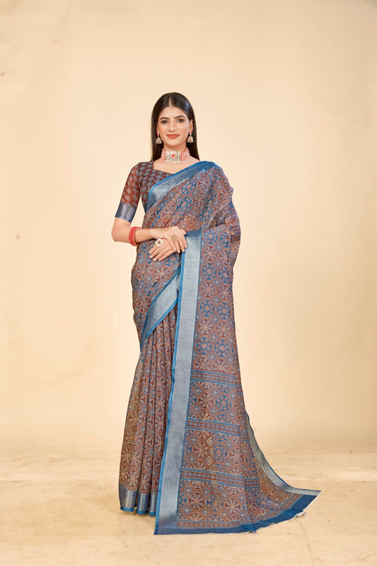 Graceful Coffee Cotton Linen Saree with Digital Print Design