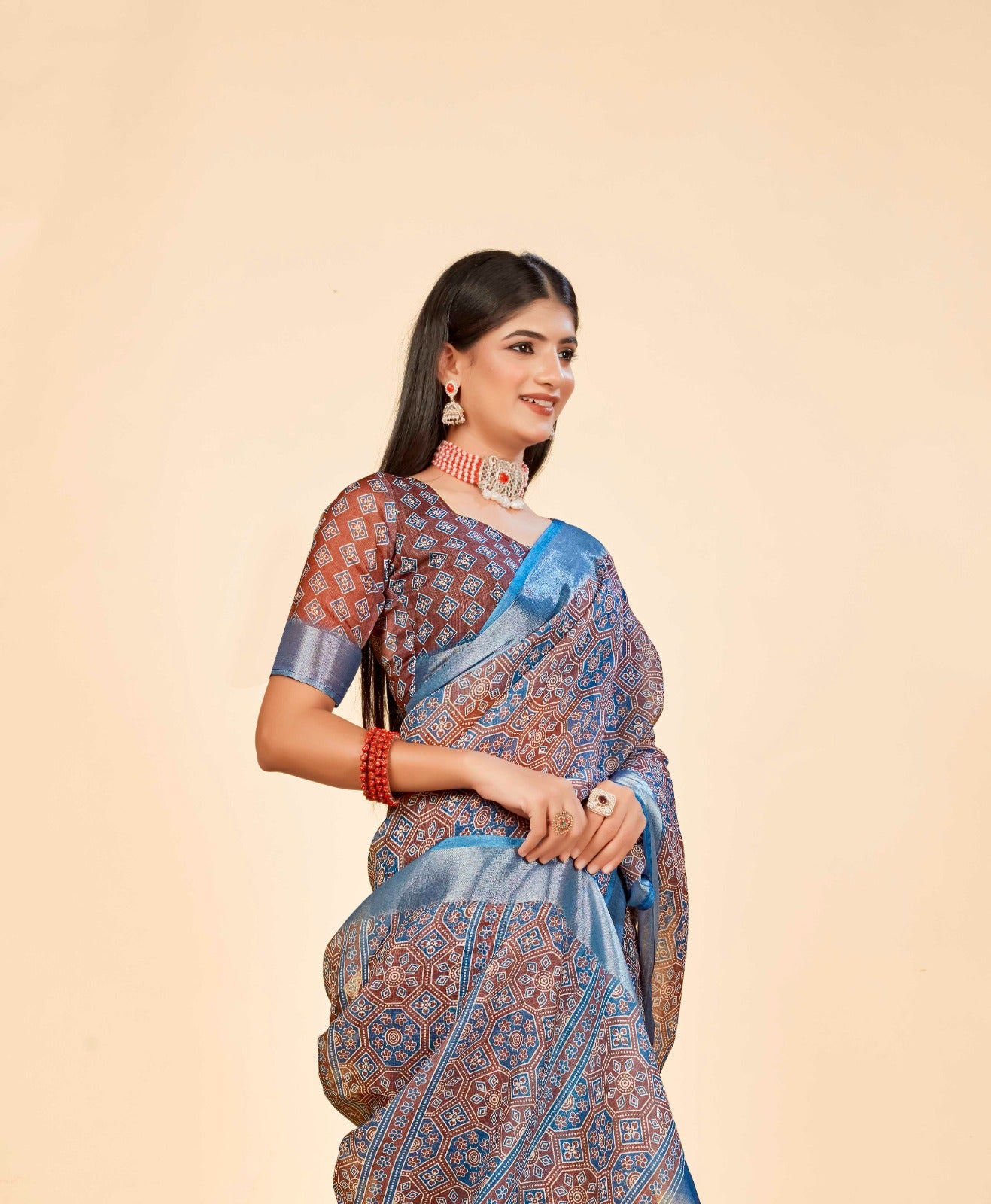 Graceful Coffee Cotton Linen Saree with Digital Print Design