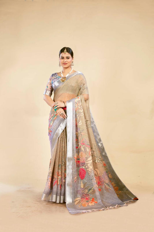Elegant Grey & Khakhi Cotton Linen Saree with Floral Digital Print