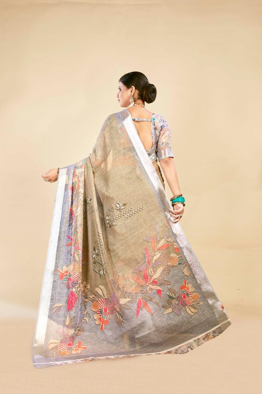 Elegant Grey & Khakhi Cotton Linen Saree with Floral Digital Print