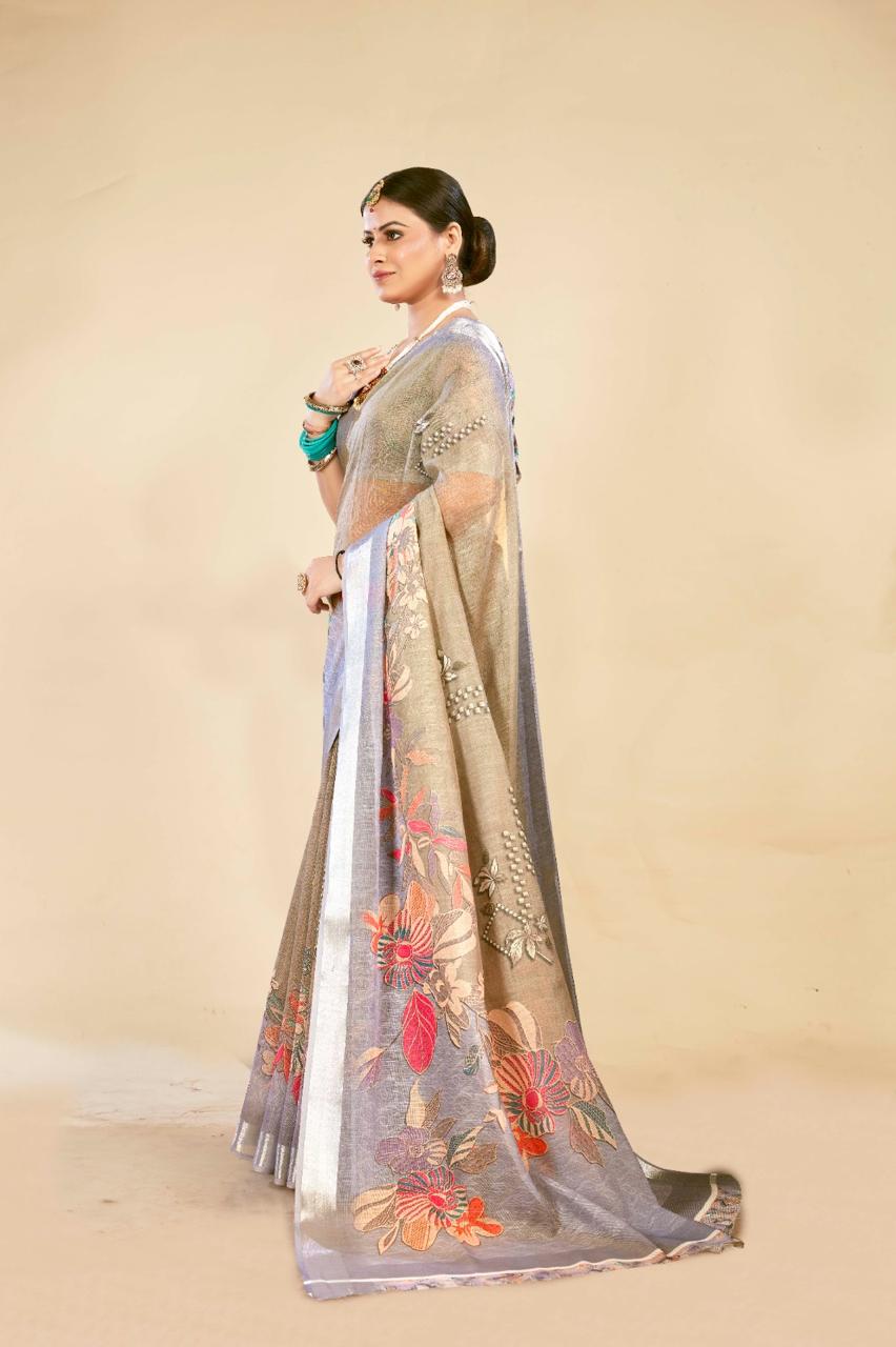 Elegant Grey & Khakhi Cotton Linen Saree with Floral Digital Print