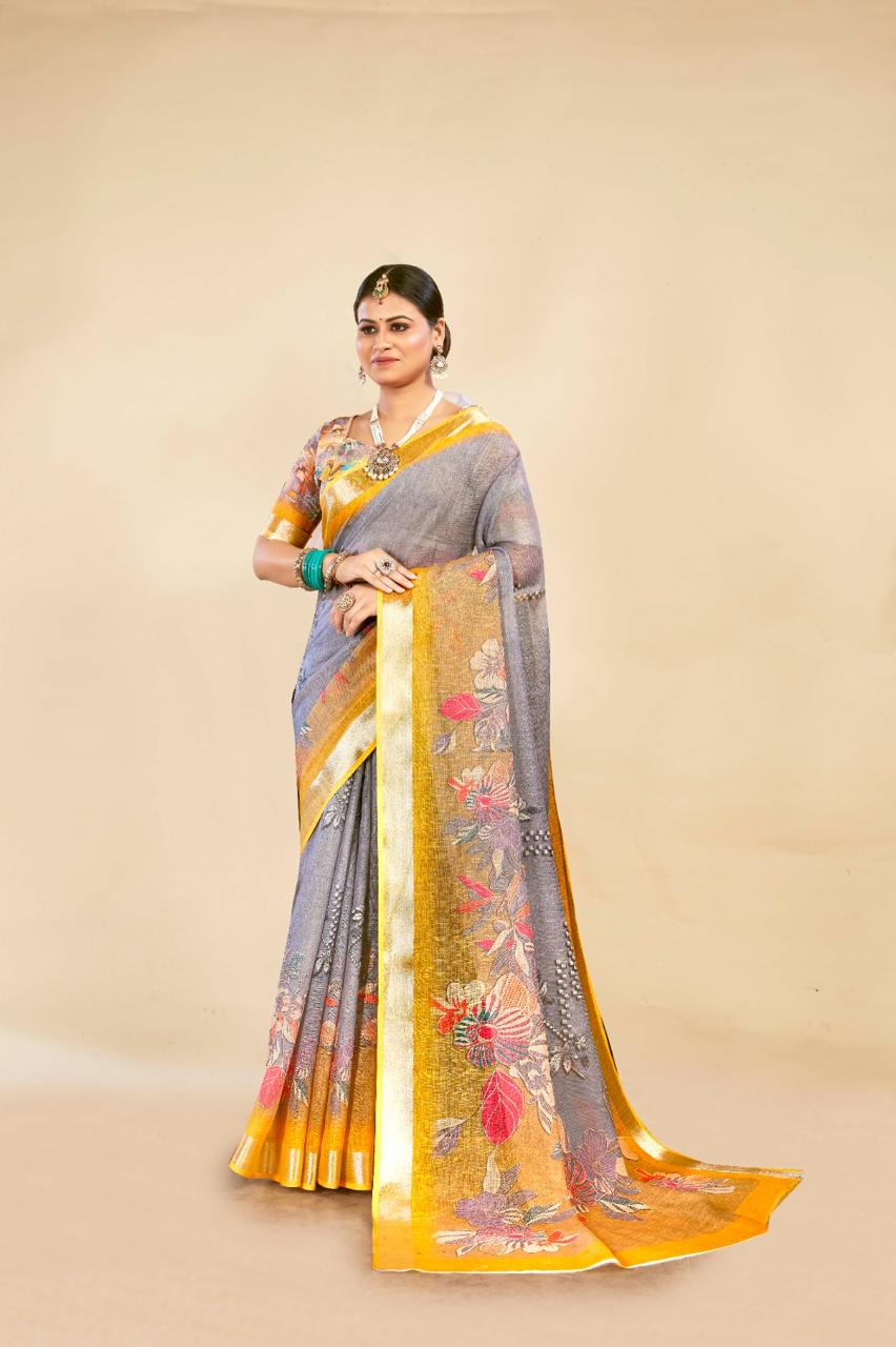 Graceful Grey & Yellow Cotton Linen Saree with Floral Digital Print