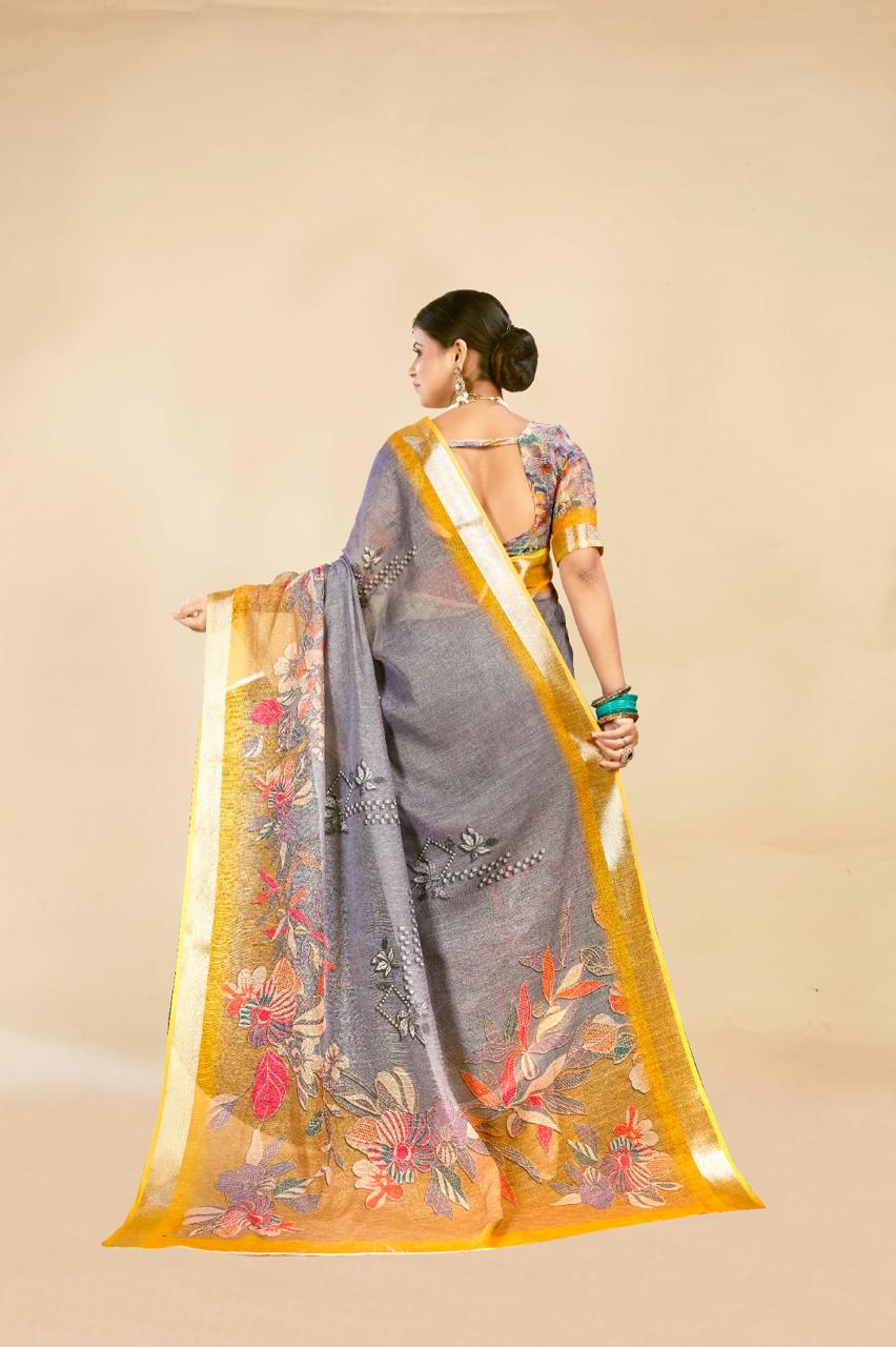 Graceful Grey & Yellow Cotton Linen Saree with Floral Digital Print