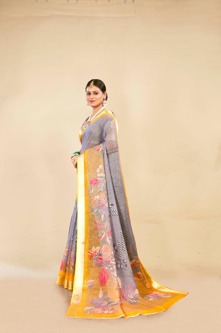 Graceful Grey & Yellow Cotton Linen Saree with Floral Digital Print