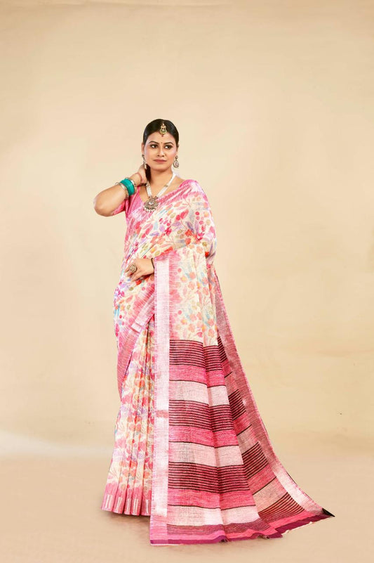 Charming Gulabi Cotton Linen Saree with Floral Digital Print