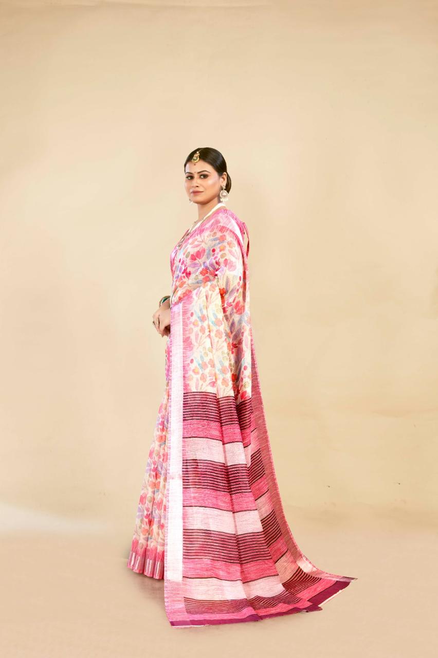 Charming Gulabi Cotton Linen Saree with Floral Digital Print