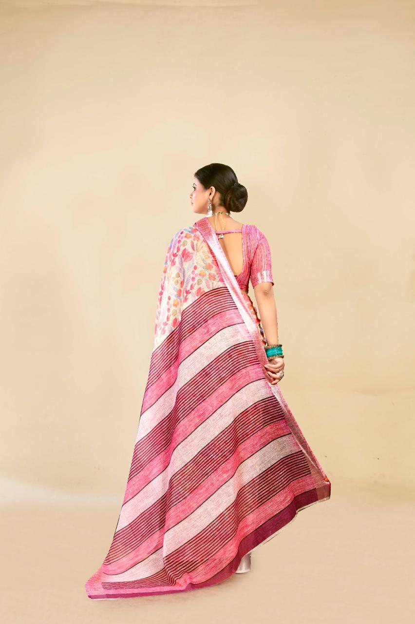 Charming Gulabi Cotton Linen Saree with Floral Digital Print