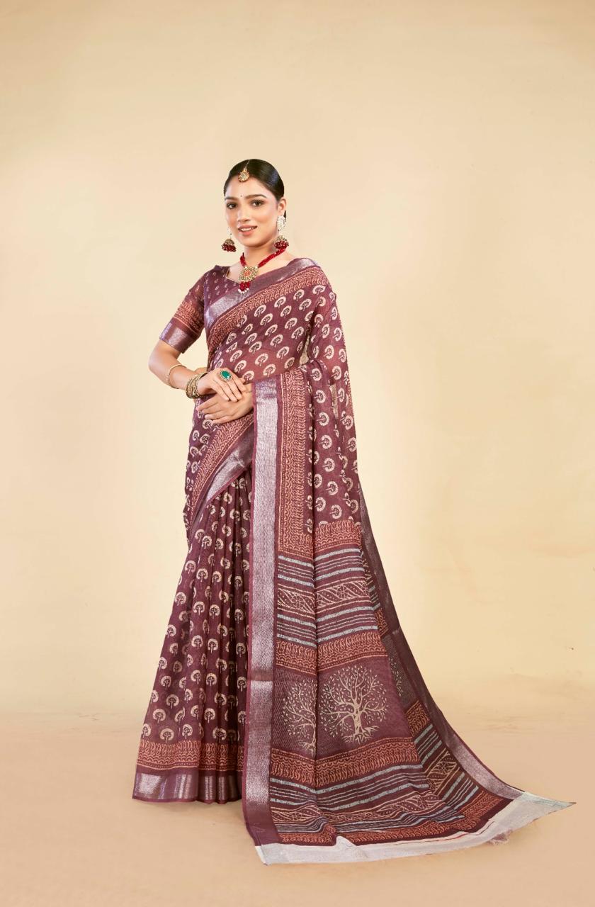 Elegant Chocolate Cotton Linen Saree with Traditional Digital Print