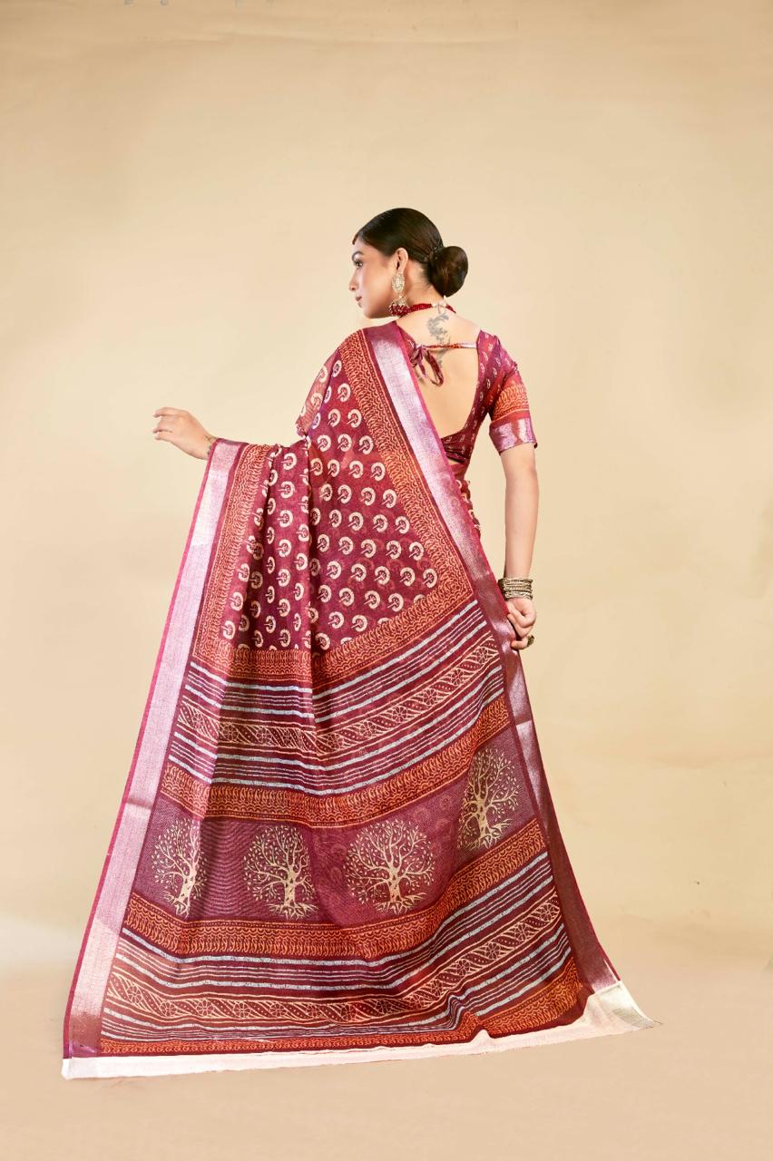 Elegant Chocolate Cotton Linen Saree with Traditional Digital Print