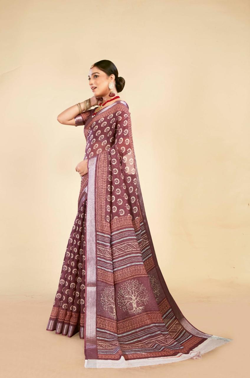 Elegant Chocolate Cotton Linen Saree with Traditional Digital Print