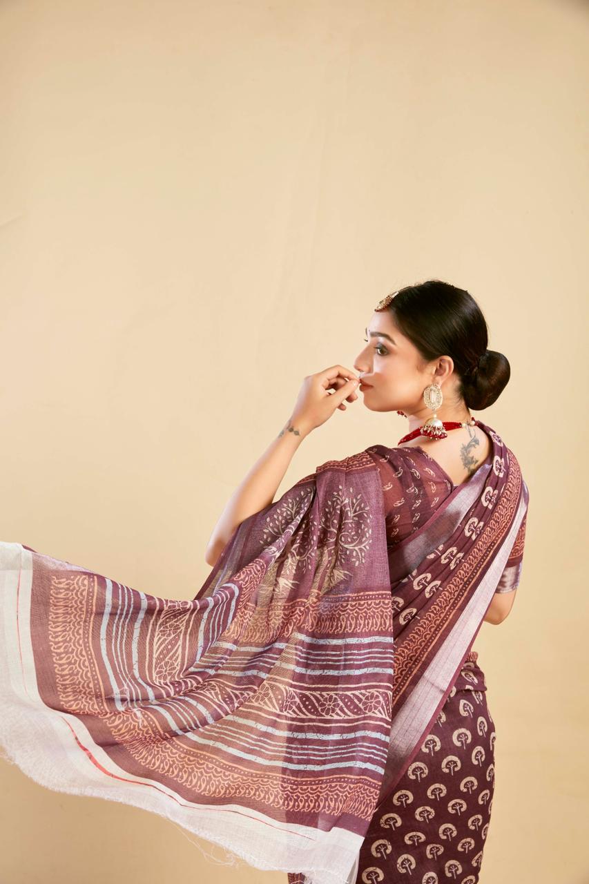 Elegant Chocolate Cotton Linen Saree with Traditional Digital Print