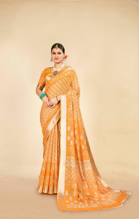 Radiant Mild Orange Cotton Linen Saree with Traditional Digital Print