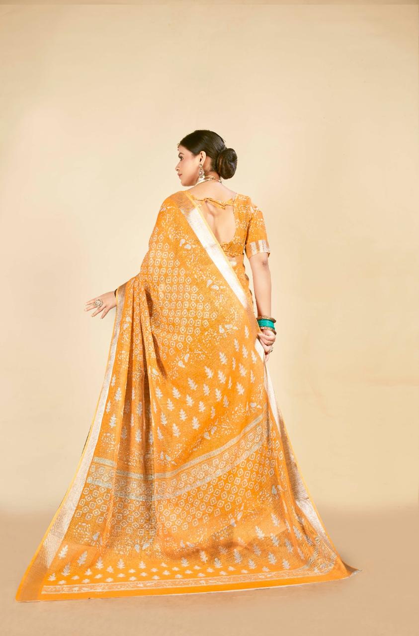 Radiant Mild Orange Cotton Linen Saree with Traditional Digital Print