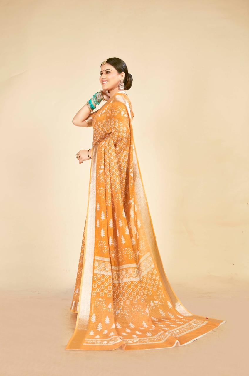 Radiant Mild Orange Cotton Linen Saree with Traditional Digital Print