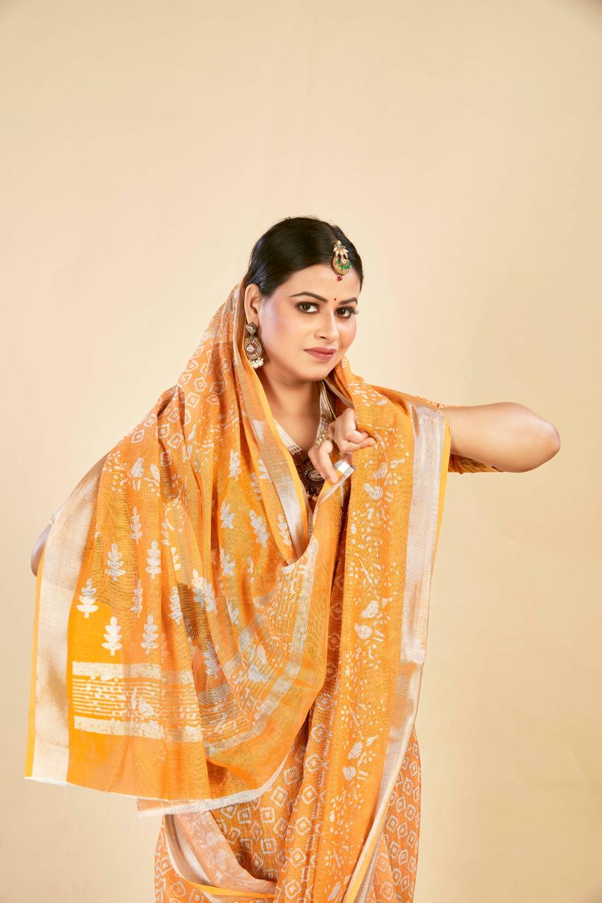 Radiant Mild Orange Cotton Linen Saree with Traditional Digital Print