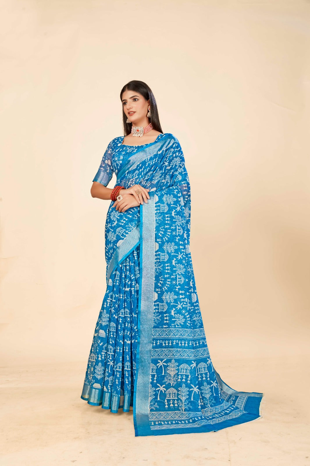Elegant Blue Cotton Linen Saree with Traditional Digital Print