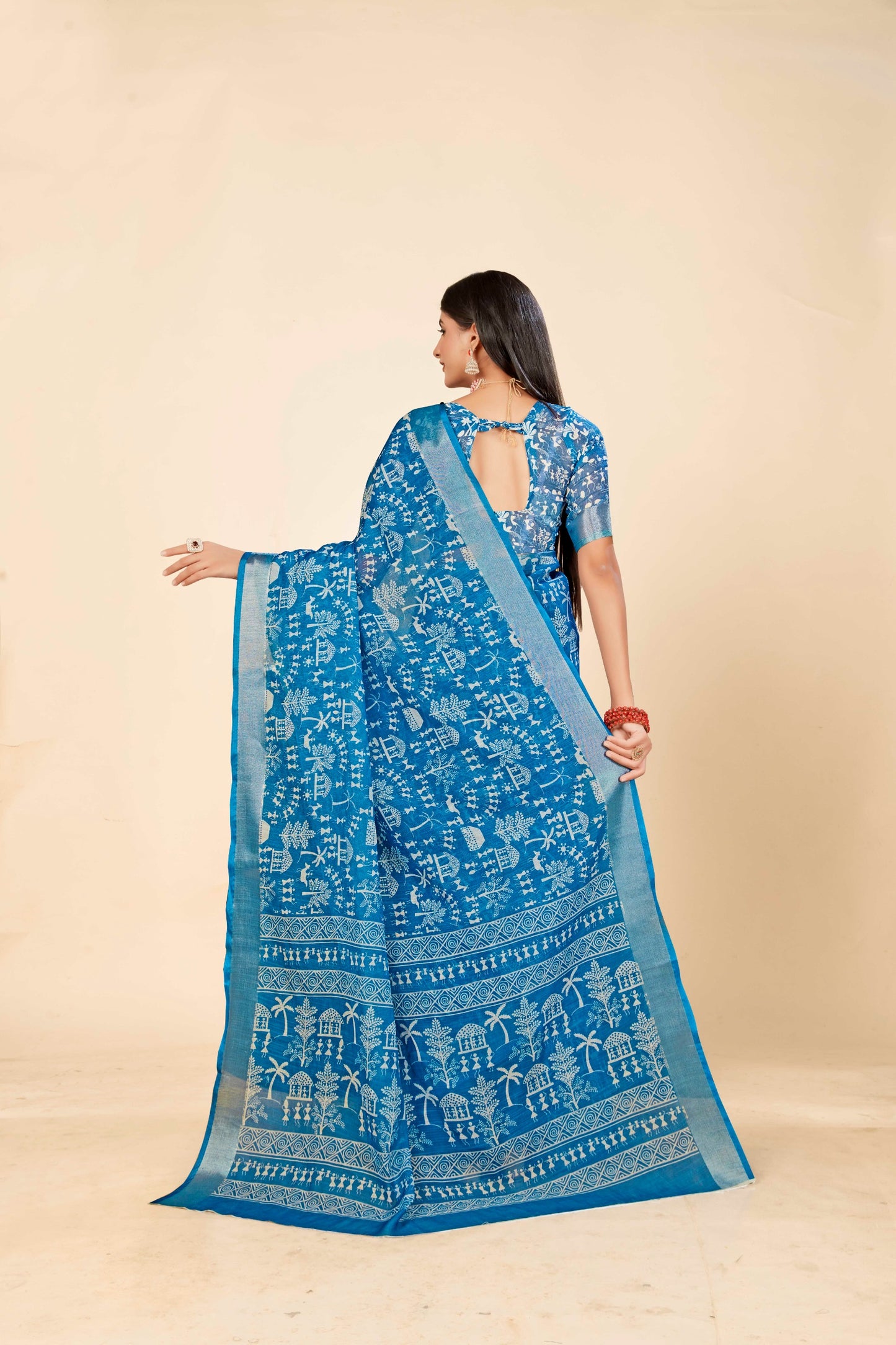 Elegant Blue Cotton Linen Saree with Traditional Digital Print