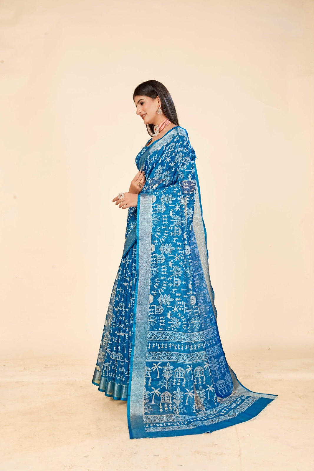 Elegant Blue Cotton Linen Saree with Traditional Digital Print