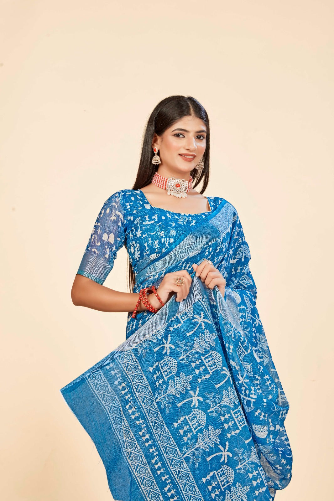Elegant Blue Cotton Linen Saree with Traditional Digital Print