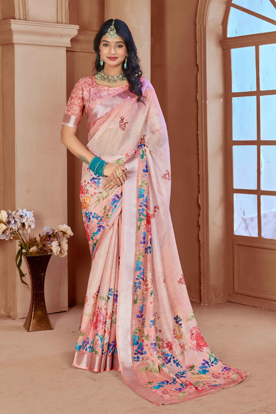 Elegant Light Pink Cotton Linen Saree with Floral Digital Print