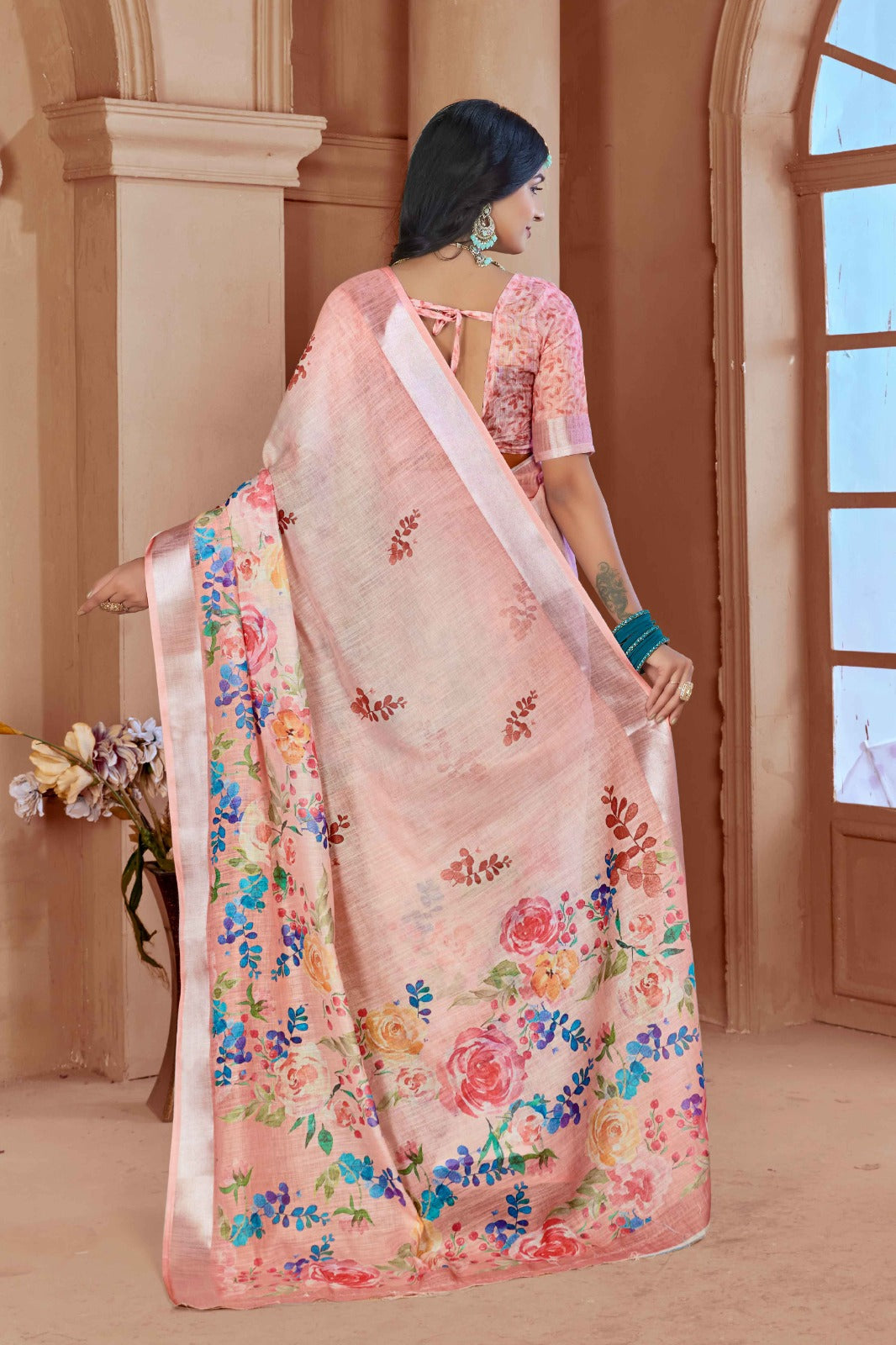 Elegant Light Pink Cotton Linen Saree with Floral Digital Print