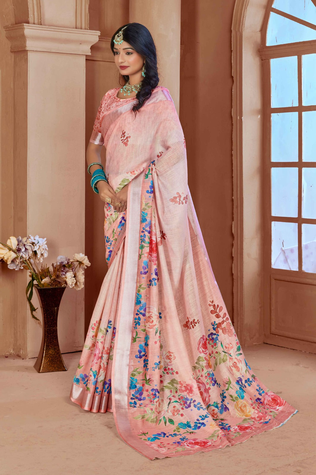 Elegant Light Pink Cotton Linen Saree with Floral Digital Print