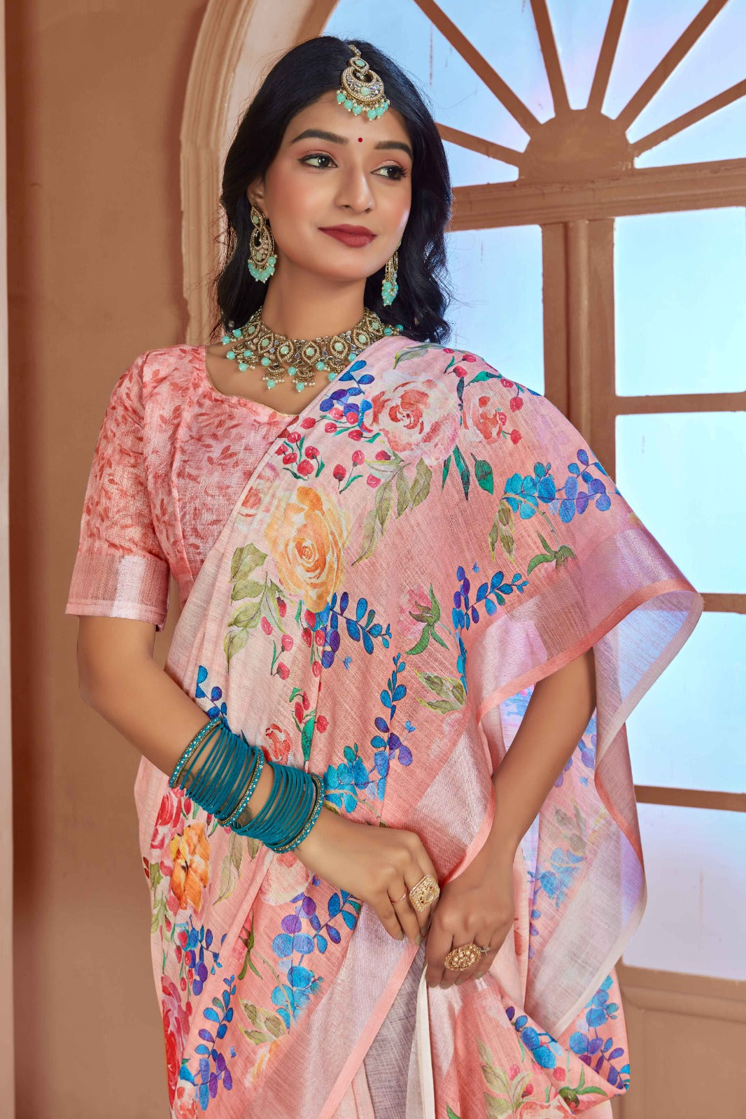 Elegant Light Pink Cotton Linen Saree with Floral Digital Print