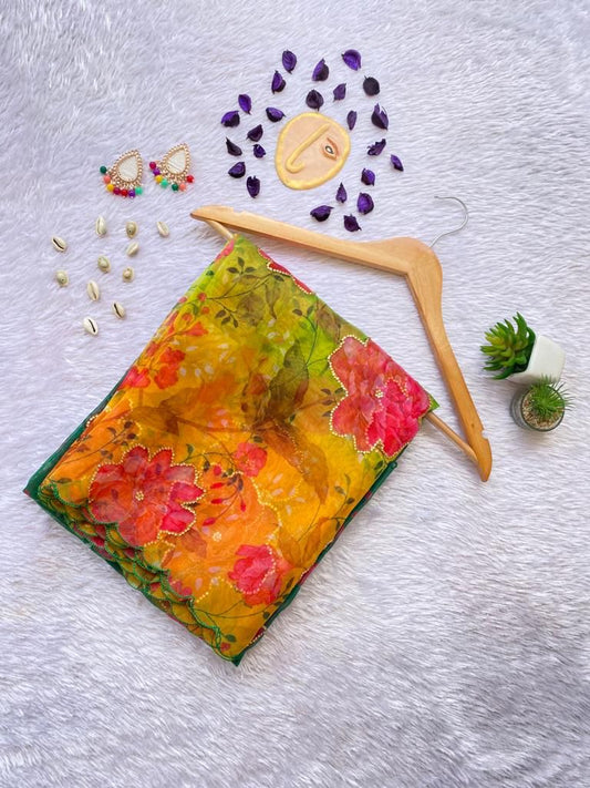 Vibrant Floral Organza Saree with Scalloped Border