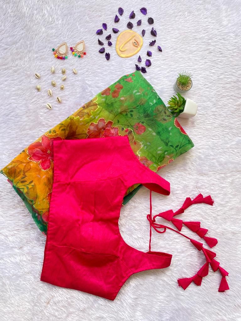 Vibrant Floral Organza Saree with Scalloped Border