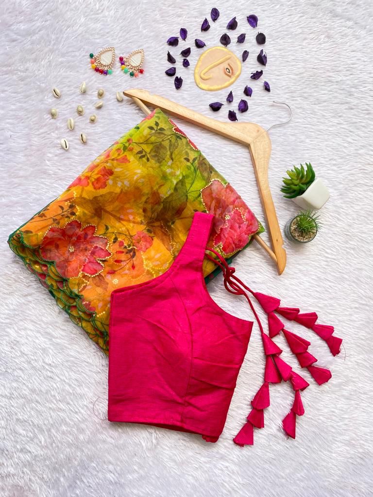 Vibrant Floral Organza Saree with Scalloped Border