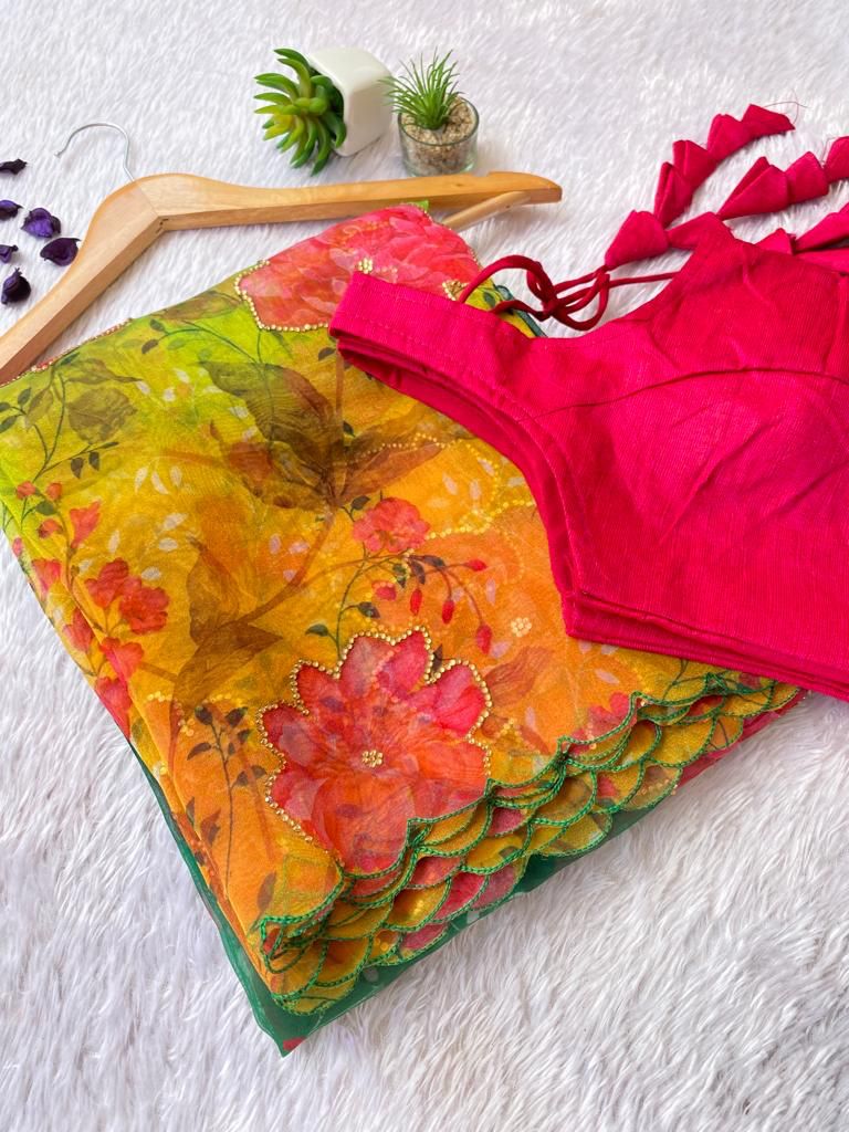 Vibrant Floral Organza Saree with Scalloped Border