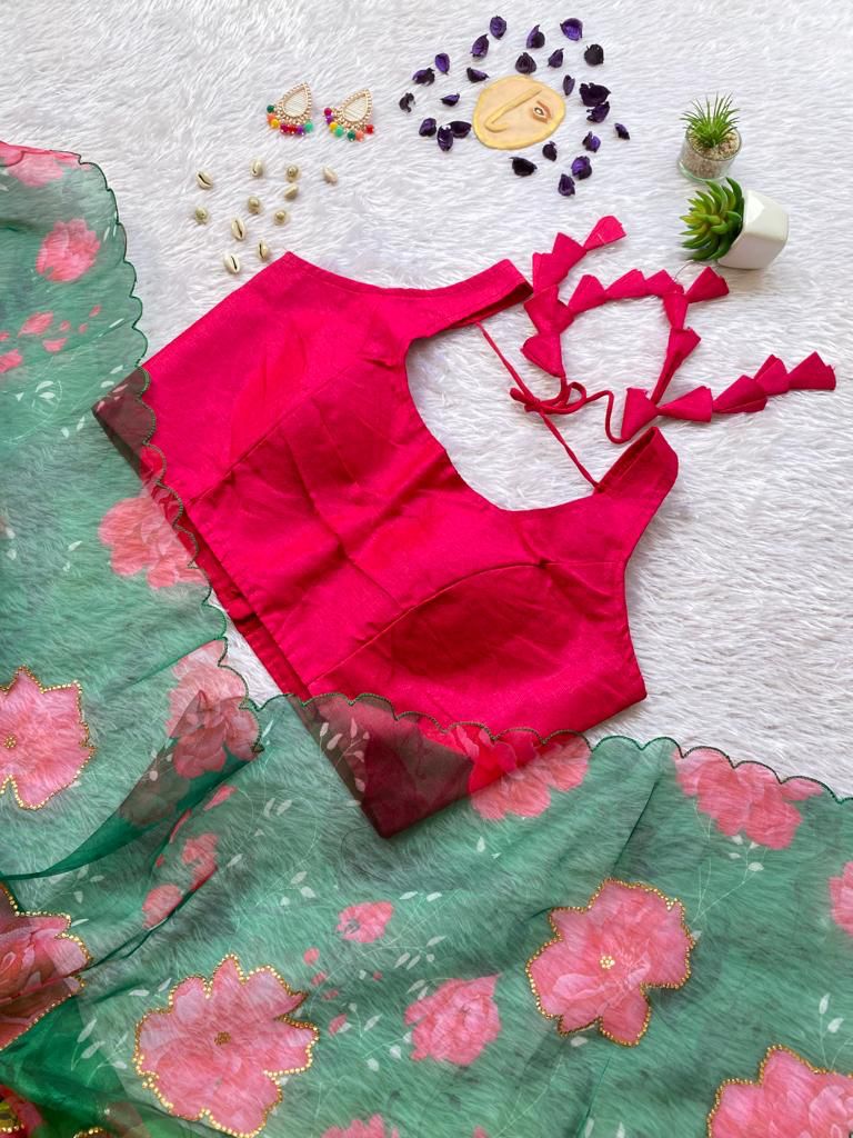 Vibrant Floral Organza Saree with Scalloped Border