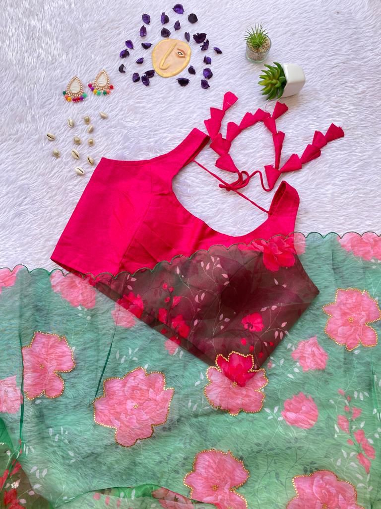 Vibrant Floral Organza Saree with Scalloped Border