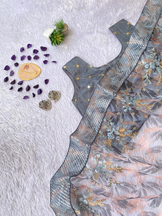 Smoky Grey Poly Organza Saree with Sequin Border and Floral Embroidery
