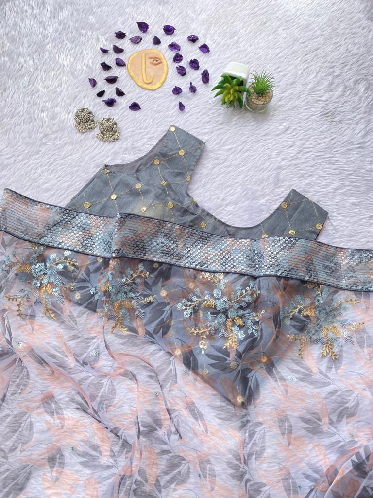 Smoky Grey Poly Organza Saree with Sequin Border and Floral Embroidery