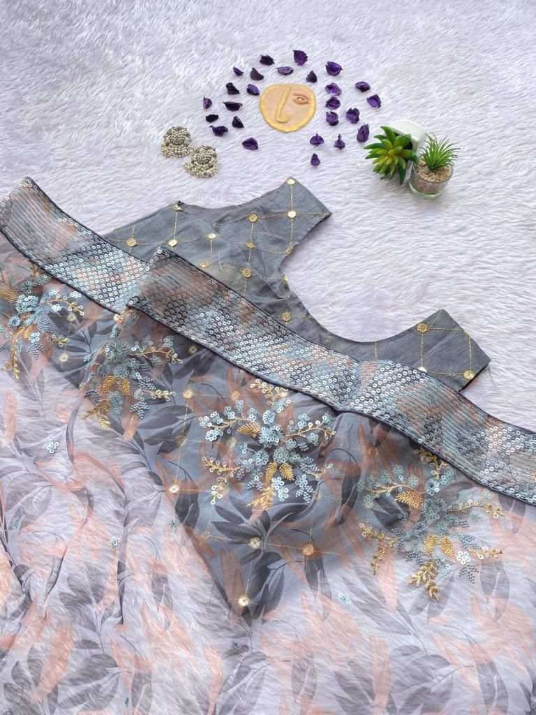 Smoky Grey Poly Organza Saree with Sequin Border and Floral Embroidery