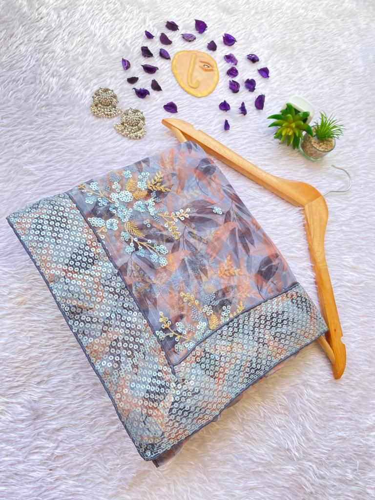 Smoky Grey Poly Organza Saree with Sequin Border and Floral Embroidery