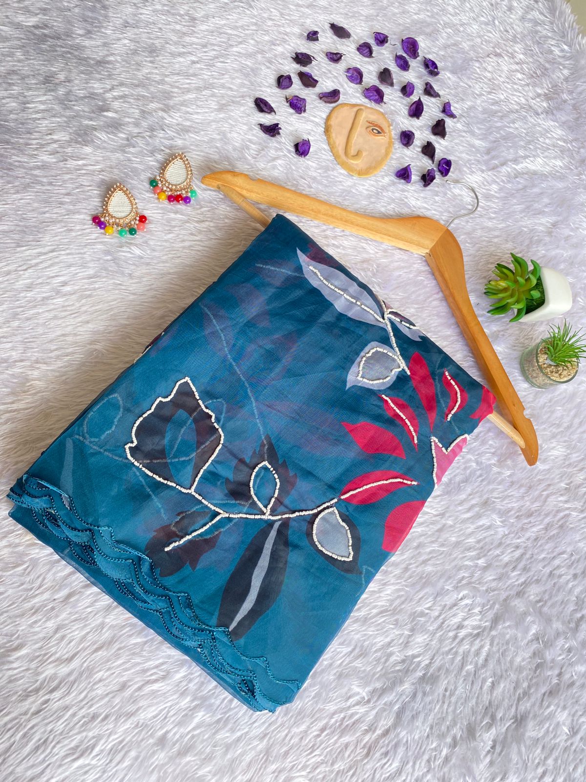 Ethereal Teal Floral Teby Organza Saree