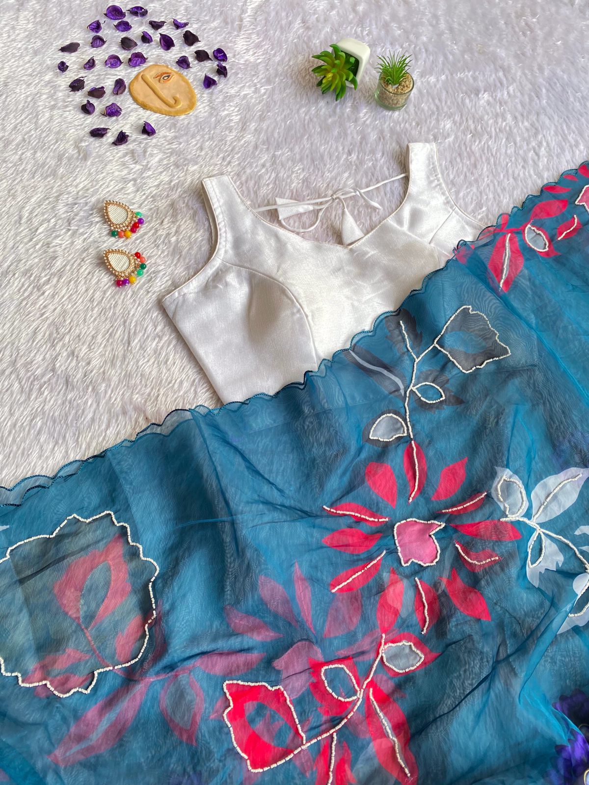 Ethereal Teal Floral Teby Organza Saree