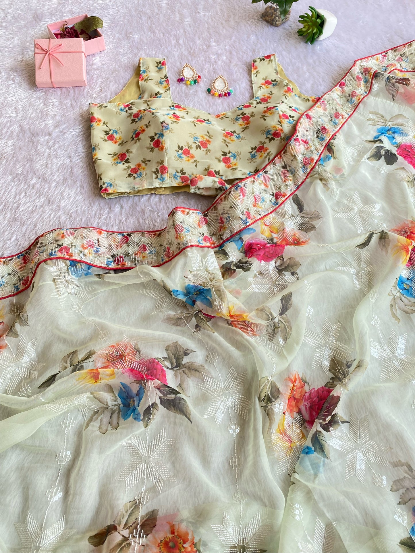 Pastel Mint Floral Teby Organza Saree
