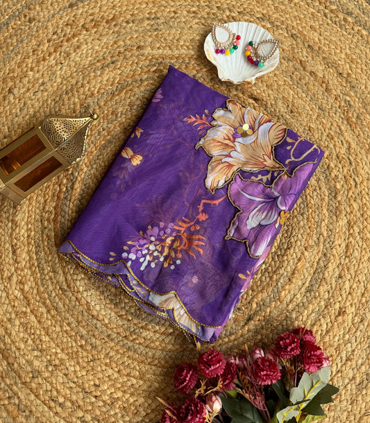 Floral Teby Organza Saree with Sequin-Embellished Scalloped Borders