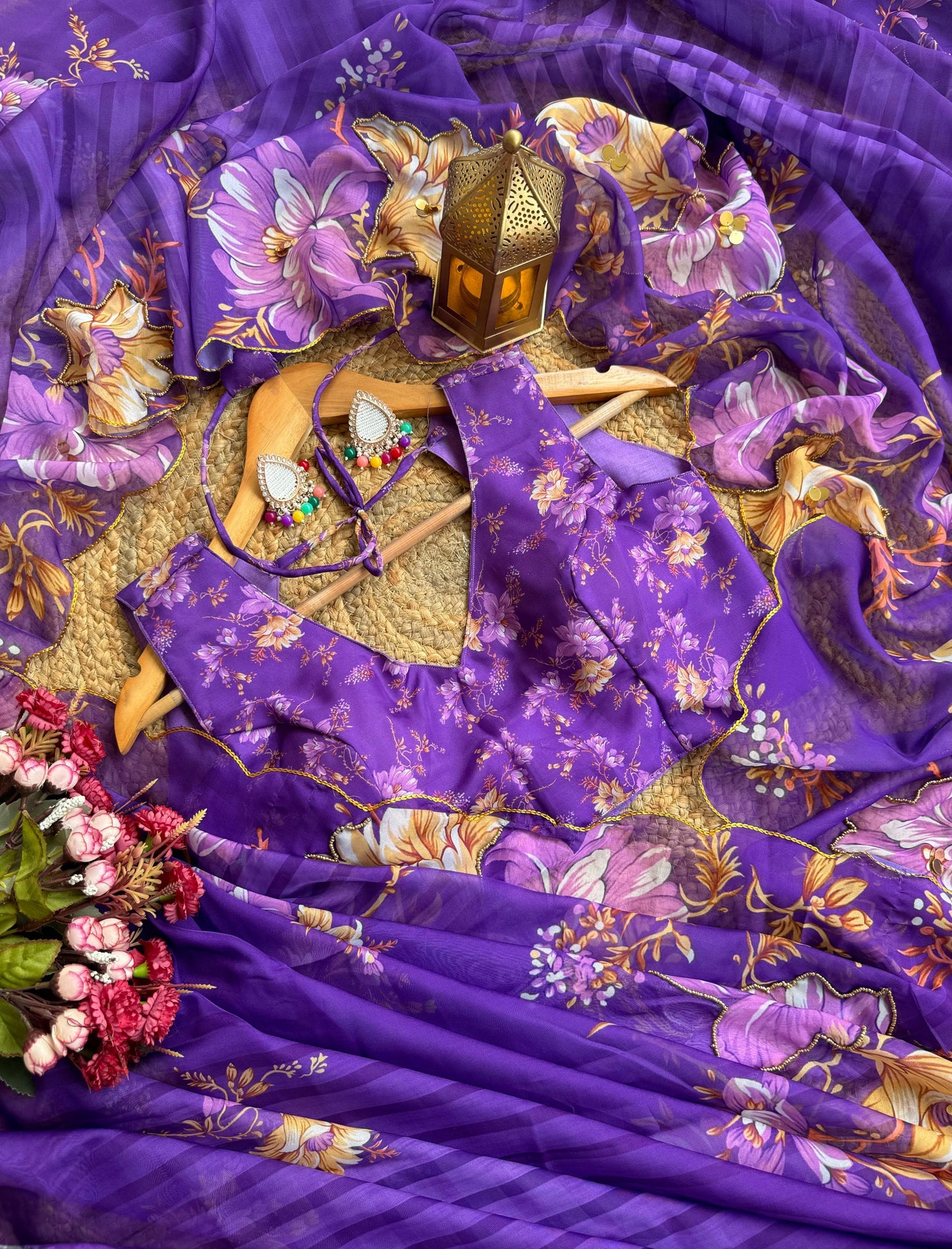 Floral Teby Organza Saree with Sequin-Embellished Scalloped Borders