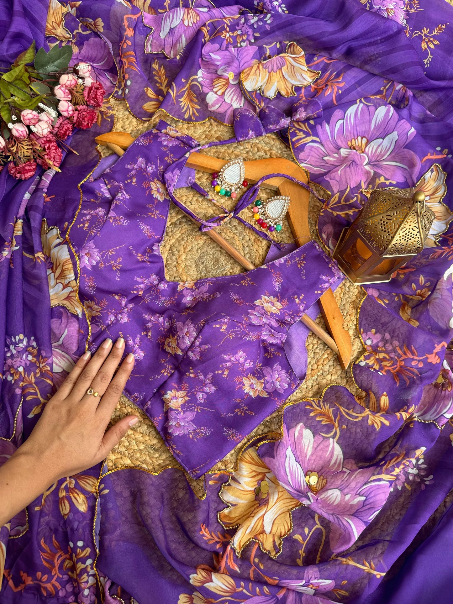 Floral Teby Organza Saree with Sequin-Embellished Scalloped Borders