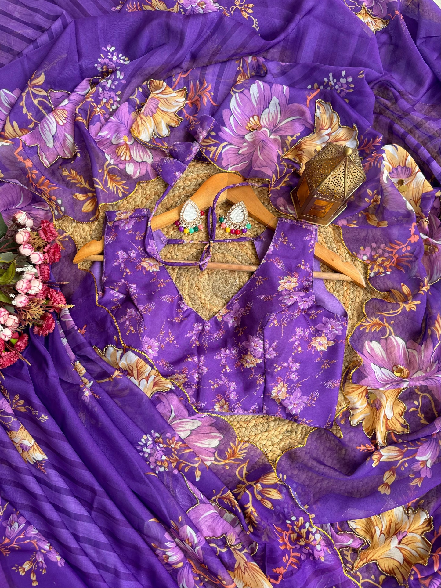 Floral Teby Organza Saree with Sequin-Embellished Scalloped Borders