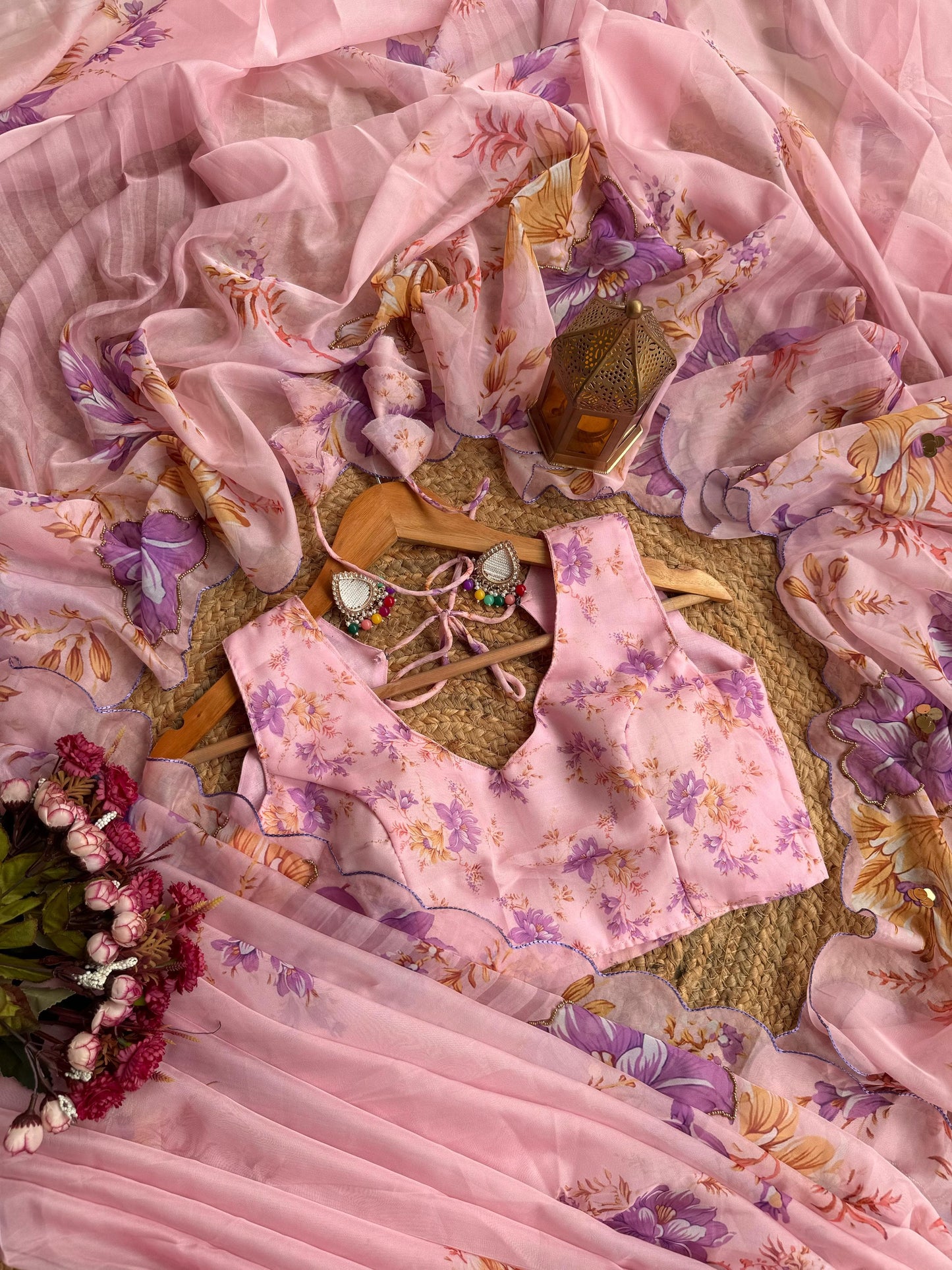 Floral Teby Organza Saree with Sequin-Embellished Scalloped Borders