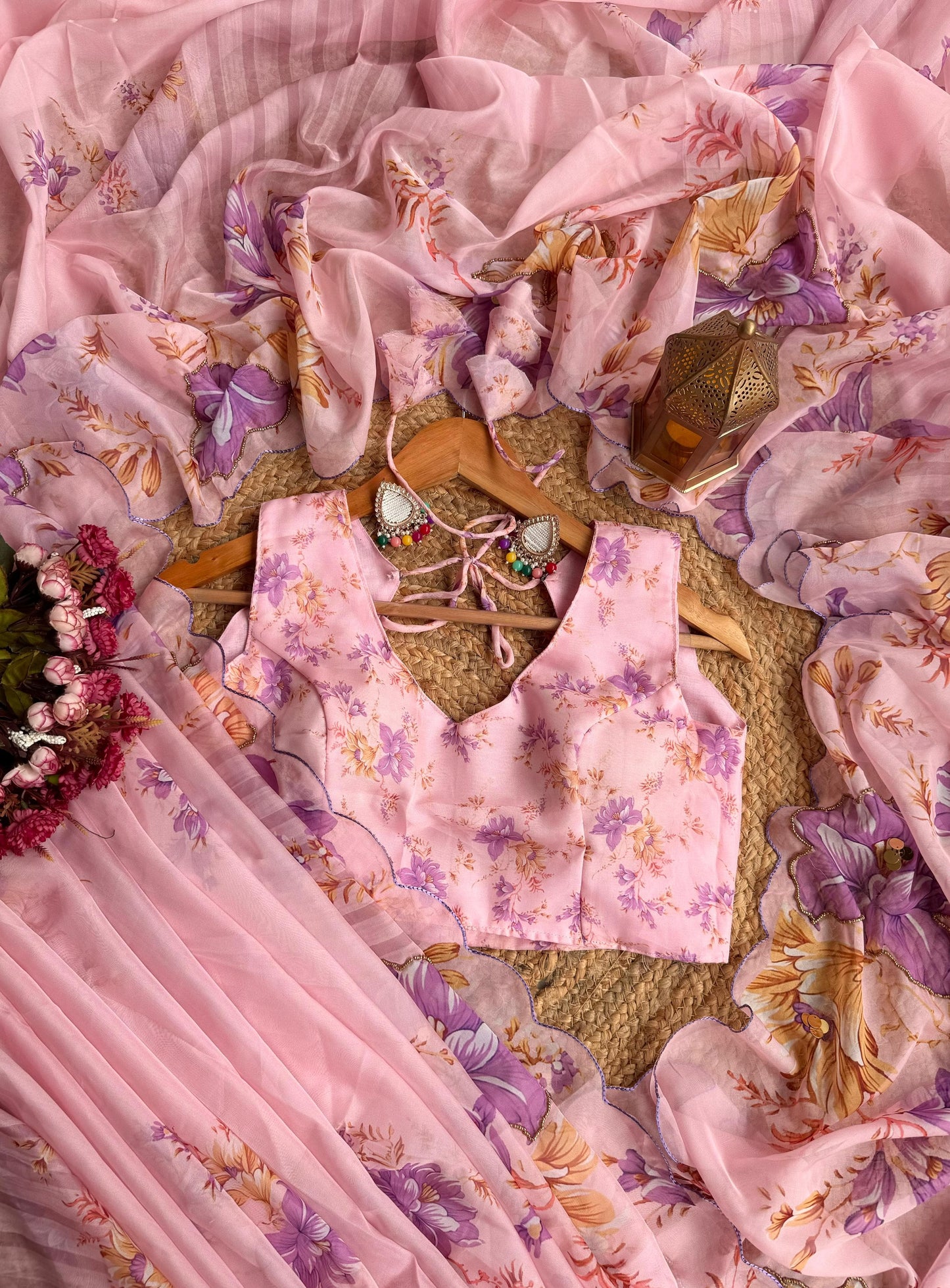 Floral Teby Organza Saree with Sequin-Embellished Scalloped Borders
