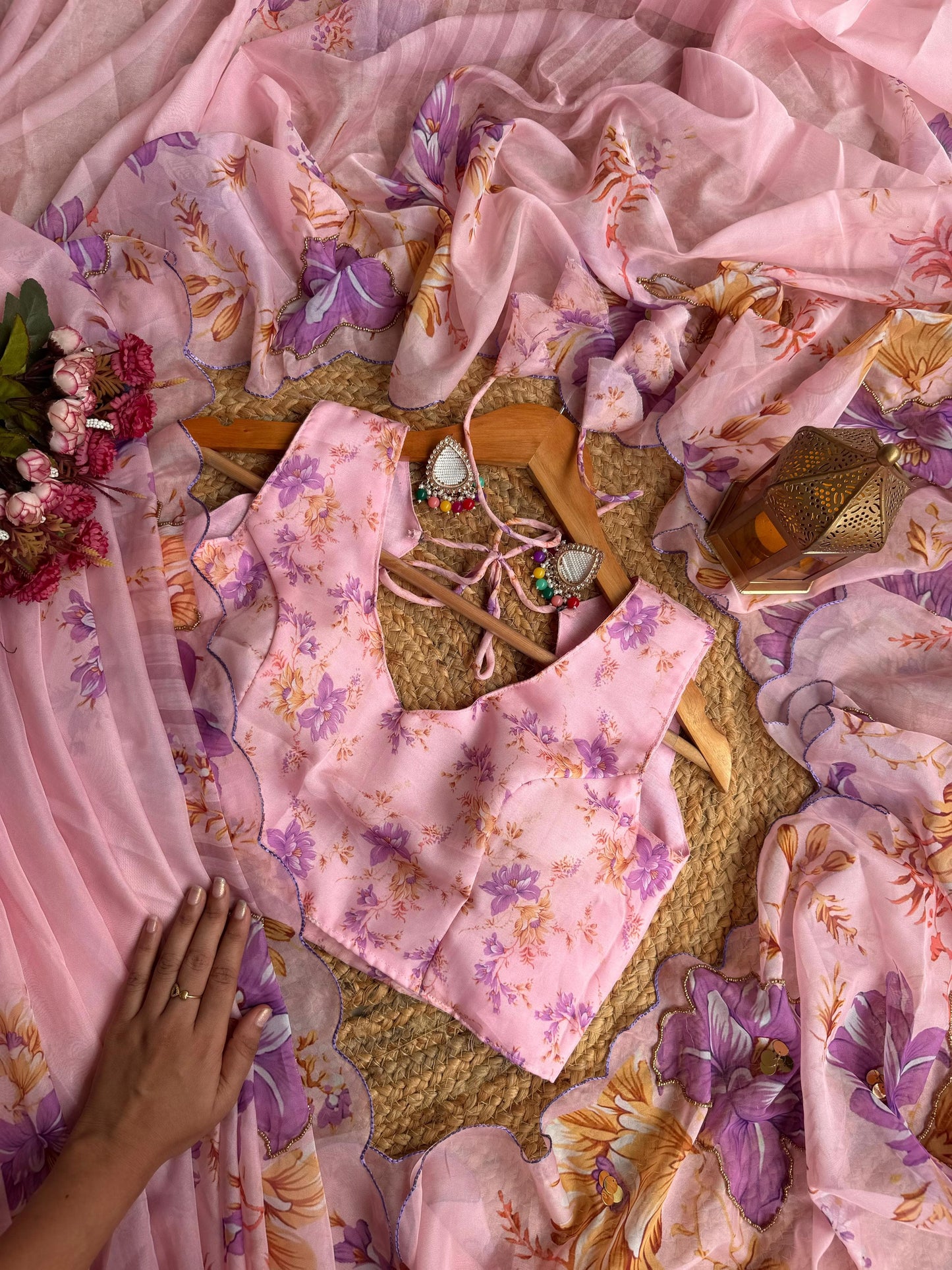 Floral Teby Organza Saree with Sequin-Embellished Scalloped Borders