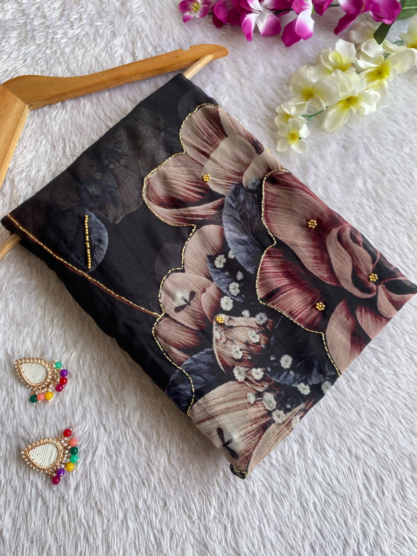 Midnight Charcoal Floral Teby Organza Saree with Hand-Beaded Accents