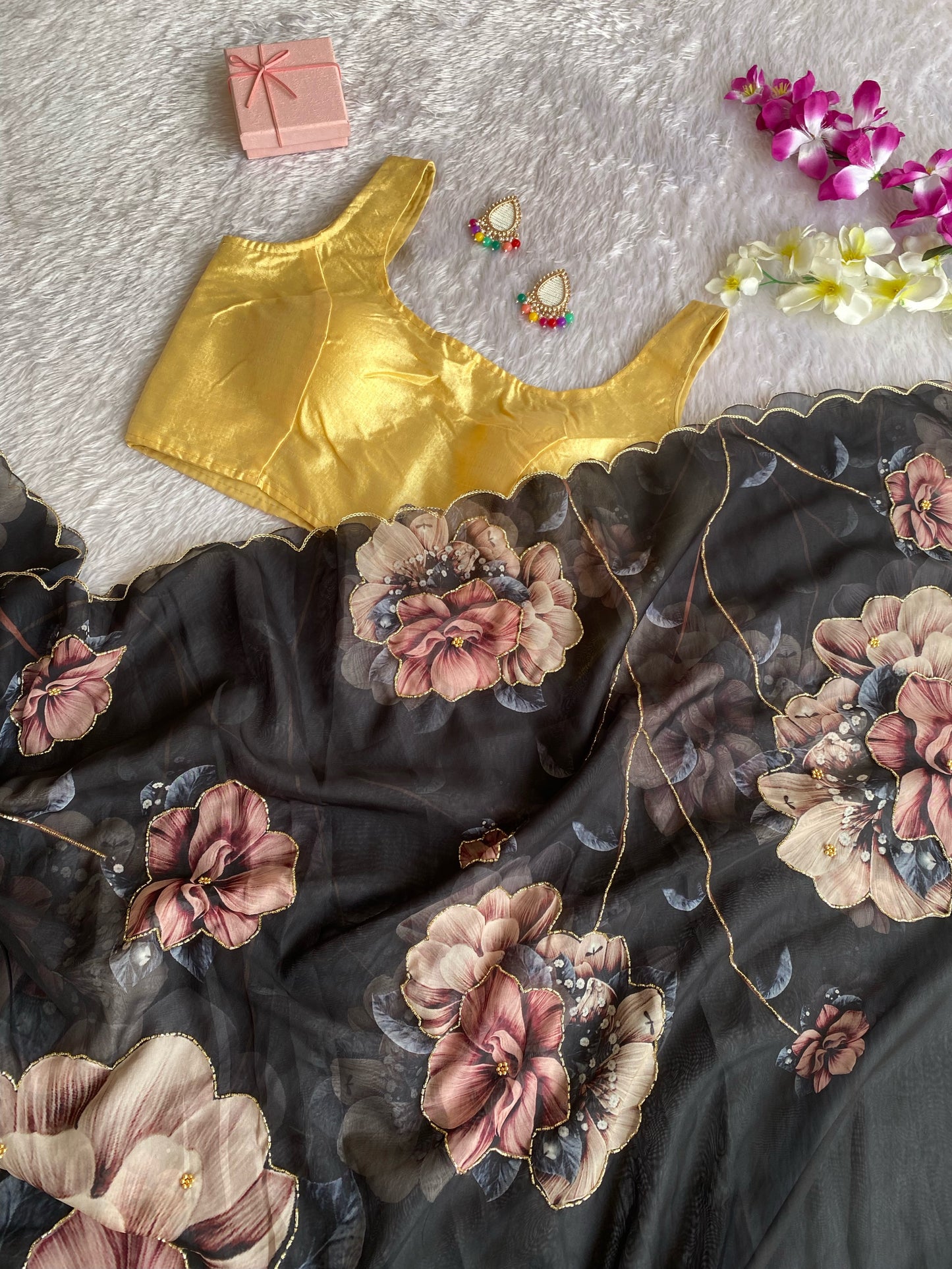 Midnight Charcoal Floral Teby Organza Saree with Hand-Beaded Accents