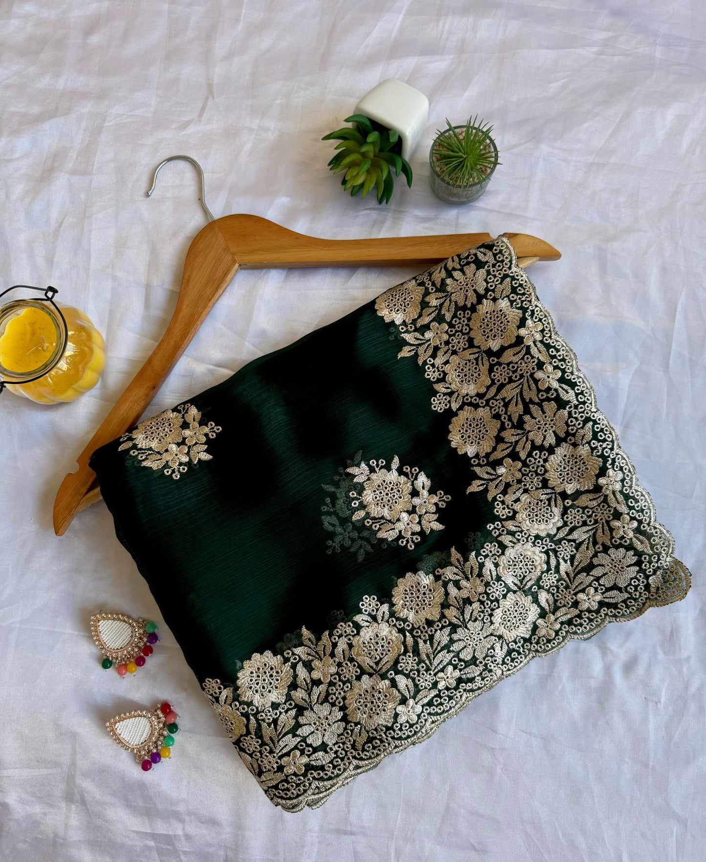 Imperial Emerald Jimmy Choo Saree with Grand Silver Zari Scalloped Borders